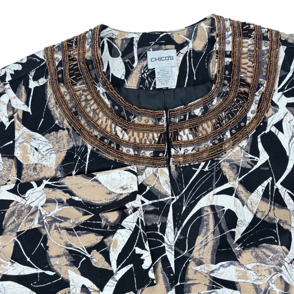 Chicos Size 3 Beaded Neckline Abstract Leaf Print Blazer Jacket Black Tan XL